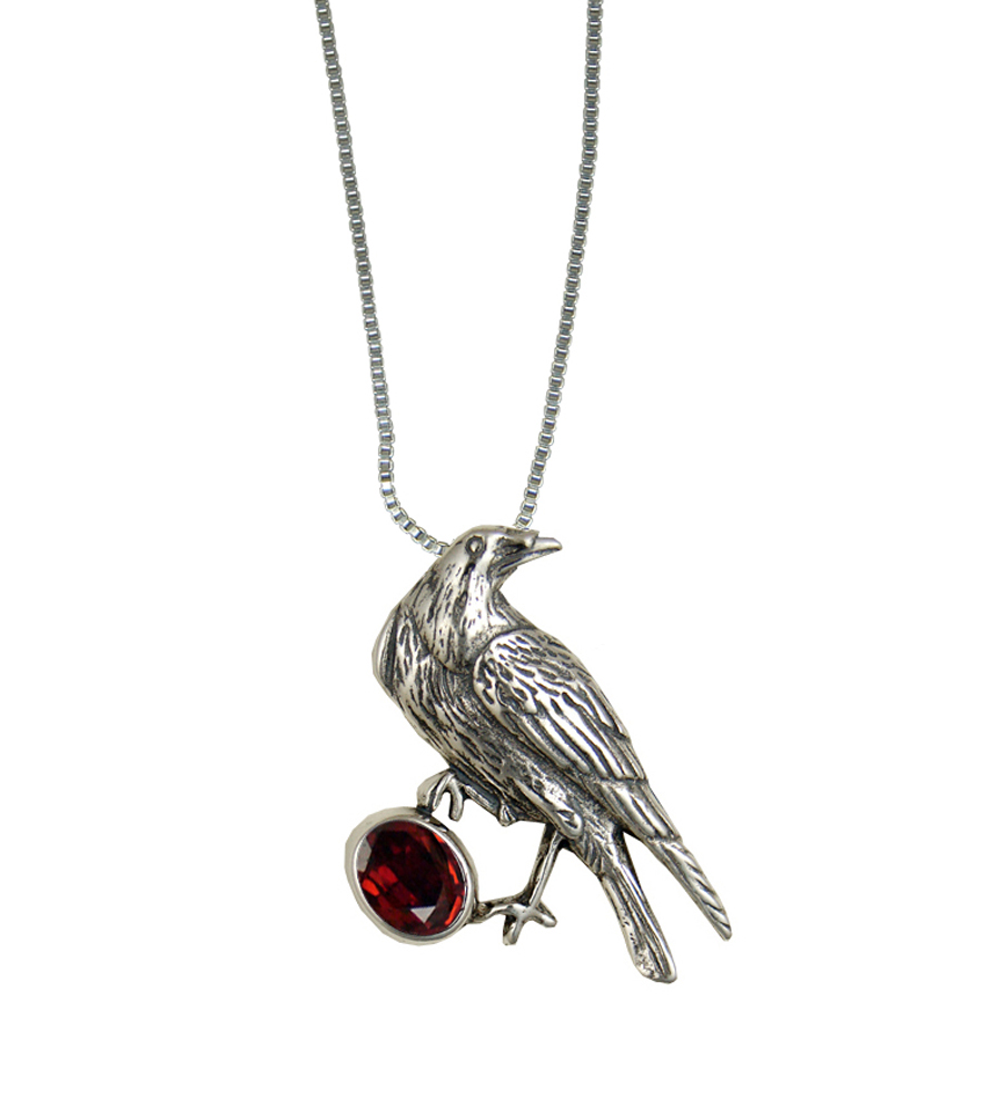 Sterling Silver Raven Pendant With Faceted Garnet